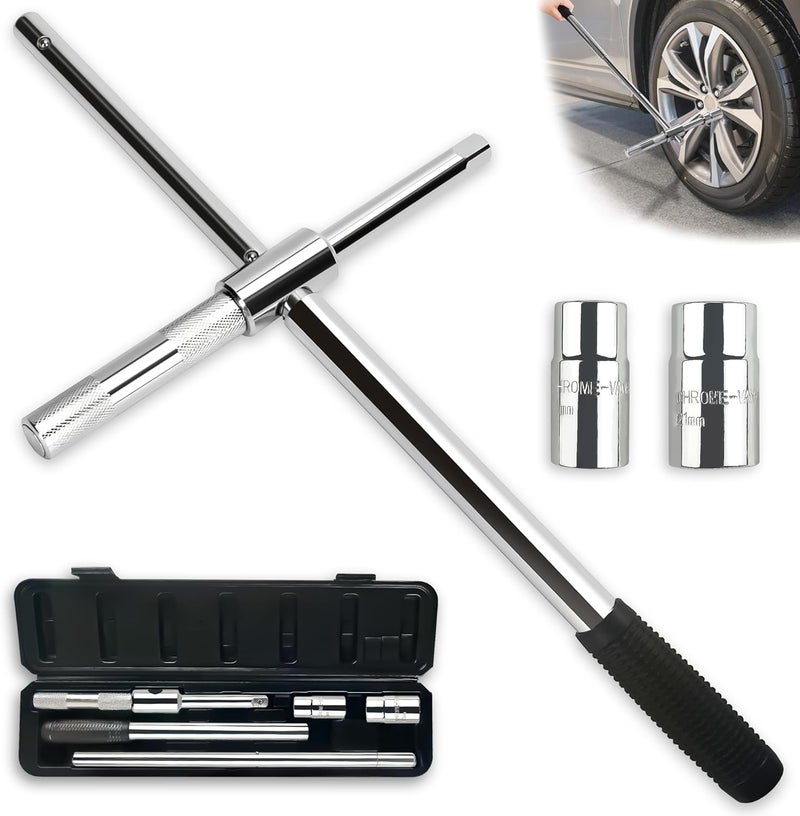 VONLX 25'' Heavy Duty Extended Lug Wrench with Blow Storage Case, 4 Way Tire Iron Nut Wrench Set, Lug Nut Remover 1/2 Drive with Standard Sockets (17mm, 19mm and 21mm,23mm), Labor Saving Cross Wrench - Image 1